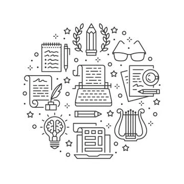 Copywriting vector circle banner flat line icons. Writer typing text, social Stock Illustration