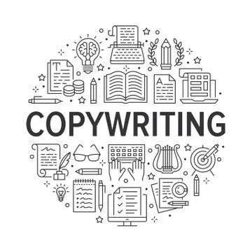 Copywriting vector circle banner flat line icons. Writer typing text, social Stock Illustration