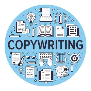 Copywriting vector circle banner flat line icons. Writer typing text, social Stock Illustration