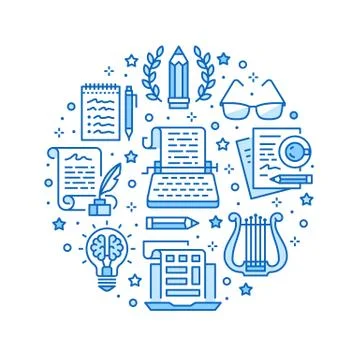 Copywriting vector circle banner flat line icons. Writer typing text, social Illustrazione stock