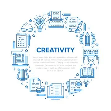 Copywriting vector circle banner flat line icons. Writer typing text, social Stock Illustration