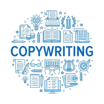 Copywriting vector circle banner flat line icons. Writer typing text, social Stock Illustration