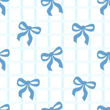 Coquette aesthetic seamless pattern blue ribbon bow on checkered white back.. Stock Illustration