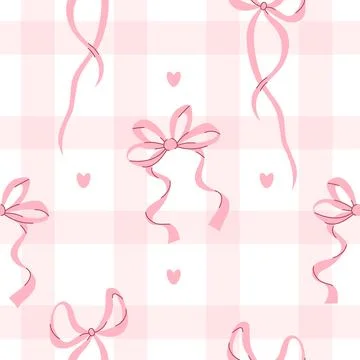 Coquette aesthetic seamless pattern pink ribbon bow on checkered background.. Stock Illustration