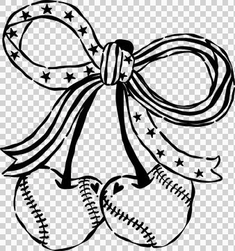 Coquette Baseball Cherry Outline Heart Shaped with Patriotic Bow Whimsical .. Stock Illustration