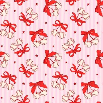 Coquette Baseball Cherry Seamless Pattern Red Ribbon Bow Heart Ball Pink St.. イラスト素材