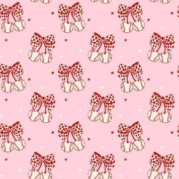 Coquette Baseball Cherry Seamless Pattern Checkered Bow Stitched Ball Prepp.. Illustrazione stock