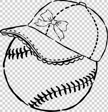 Coquette Baseball Outline with Ruffle Cap Whimsical Hand Drawn Stock Illustration