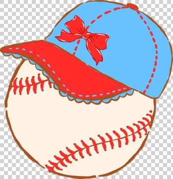Coquette Baseball with Red Blue Ruffle Cap Whimsical Hand Drawn Stock Illustration