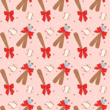 Coquette Baseball Seamless Pattern Bat and Heart Stitched Ball Red Ribbon B.. Stock-Illustration