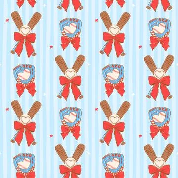 Coquette Baseball Seamless Pattern Bats and Gove Red Bow Whimsical Retro Gr.. Stockillustratie
