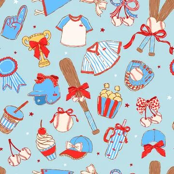 Coquette Baseball Seamless Pattern Red Bow Blue Stripes Whimsical Retro Gro.. 스톡 일러스트