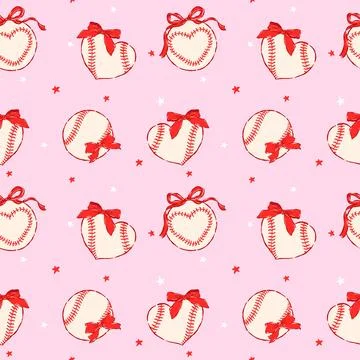 Coquette Baseball Seamless Pattern Red Ribbon Bow Heart Stitched Ball Prepp.. Stockillustratie