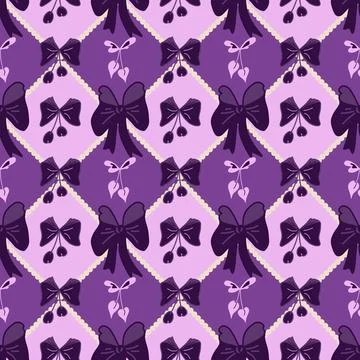 Coquette bow and cherry seamless pattern in purple and lilac Stock Illustration