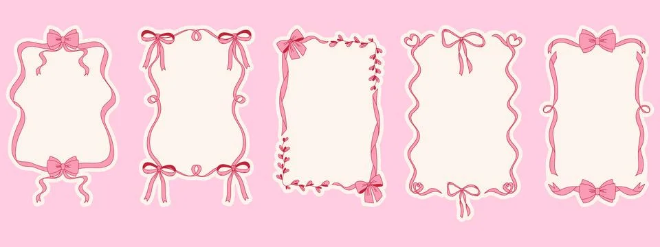 Coquette bow decorative frames set with pink ribbons. Modern hand drawn whi.. Stock Illustration