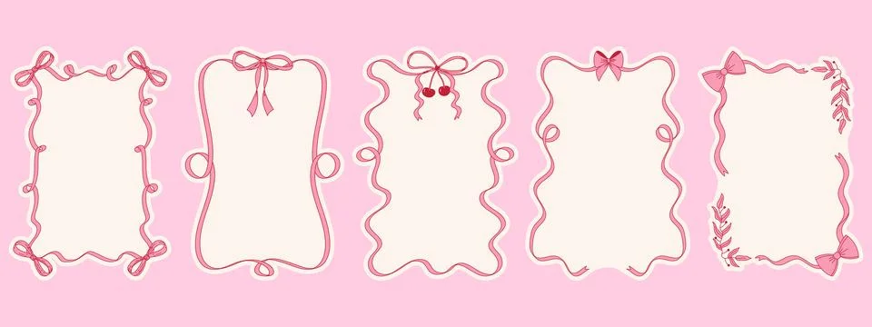 Coquette bow frames. Hand drawn pink ribbon borders set for invitations and.. Illustrazione stock