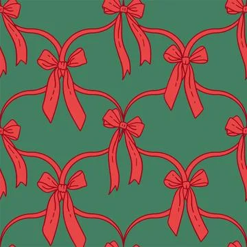 Coquette Christmas seamless checkered pattern with red bows on green background Stock Illustration