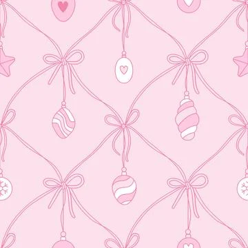 Coquette Christmas seamless pattern with bows and various xmas tree baubles Stock Illustration