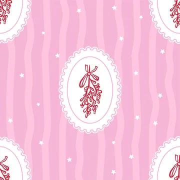 Coquette Christmas Style Seamless Pattern with Mistletoe Bunch in a cameo Frames Stock Illustration
