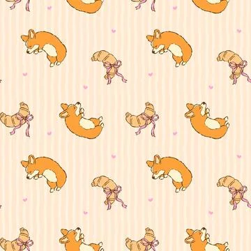 Coquette Corgi Bakery Seamless Pattern Sleeping Corgi Croissant Doodle Kawa.. Stock Illustration