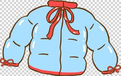 Coquette Cozy Winter Blue Puffer Jacket with Red Ribbon Bows Cartoon Hand Dra Stock Illustration