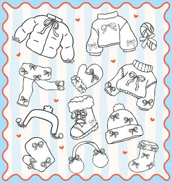 Coquette Cozy winter essentials hand drawn doodle collection of black and w.. Stock Illustration