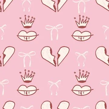 Coquette crayon seamless pattern. Girly sketch grunge endless background. Bow Stock Illustration