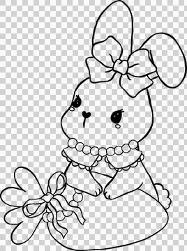 Coquette Easter Bunny with Bow and Egg, Whimsical Cartoon Hand Drawn Doodle Stock Illustration