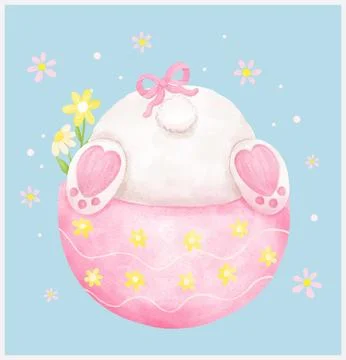Coquette Easter bunny Butt in egg watercolor adorable animal Hand Drawn Stock Illustration