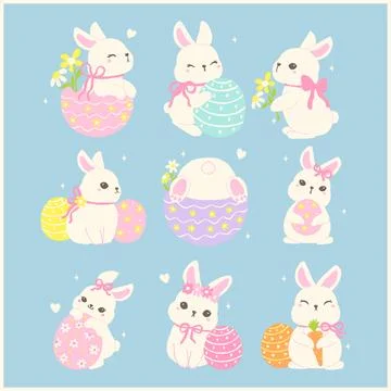 Coquette Easter Bunny with Egg Whimsical Rabbit Cartoon Flat design Set Stock Illustration