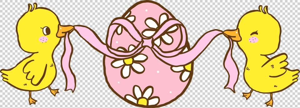 Coquette Easter Chicks decorate Egg with Pink Bow Cartoon Hand Drawn Stock Illustration