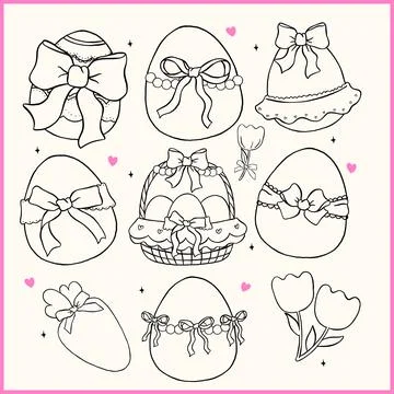 Coquette Easter egg basket with Bow, Whimsical Cartoon Hand Drawn Doodle Ou.. Stock Illustration