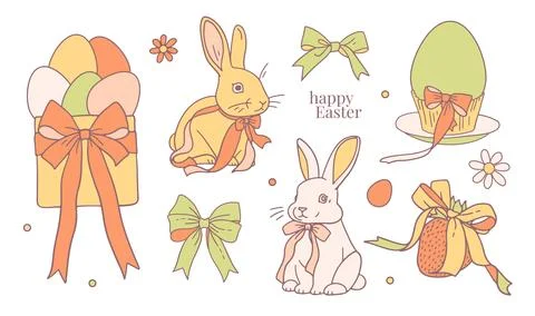 Coquette Easter set with hand drawn minimal line art vector illustrations. Cute Illustrazione stock