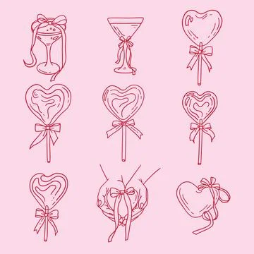 Coquette elements set with gift bow. Cocktails, lollipops, hearts with satin Stock Illustration