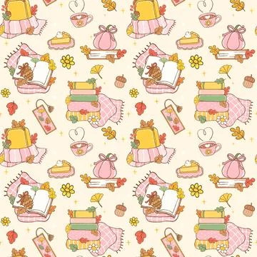 Coquette Fall Bookish Seamless Pattern Girly Cozy Autumn Reading Book Lover.. 스톡 일러스트
