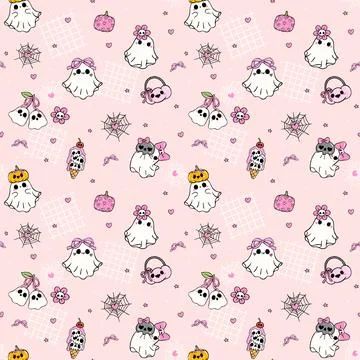 Coquette Ghost Girly Seamless Pattern Sweet and Spooky Halloween Doodle Rep.. Stock Illustration