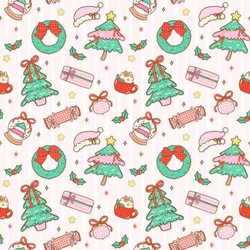 Coquette Gingham Christmas Seamless Pattern Girly Repeat Wallpaper Hand Dra.. Illustrazione stock