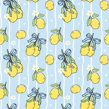 Coquette girly lemons seamless pattern with blue ribbon bow in hand drawn o.. 스톡 일러스트