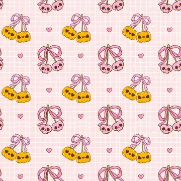 Coquette Halloween pumpkins Seamless Pattern Sweet and Spooky Doodle Repeat.. Stock Illustration