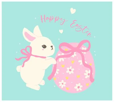 Coquette Happy Easter Bunny deccorating Egg Whimsical Rabbit Cartoon Flat d.. Illustrazione stock