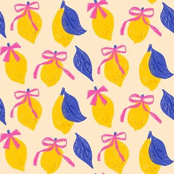 Coquette lemon seamless pattern with pink bow ribbon on beige background. Illustrazione stock