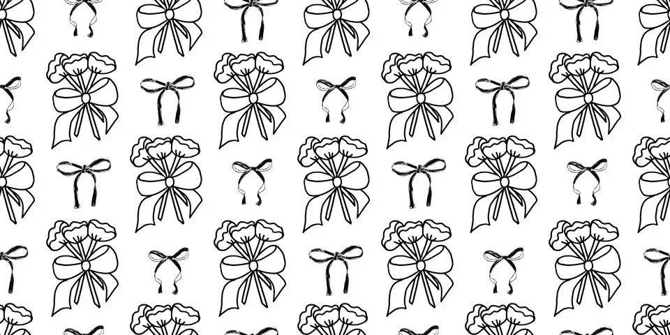 Coquette party crayon seamless pattern. Monochrome bouquet and bows endless Illustrazione stock