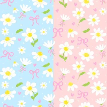 Coquette Pastel Spring Seamless Pattern, Cute Daisy with Pink Bow isolated .. Stock Illustration
