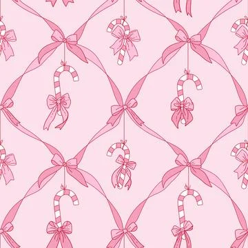 Coquette pink Seamless pattern of hand drawn vintage Christmas ornament Stock Illustration