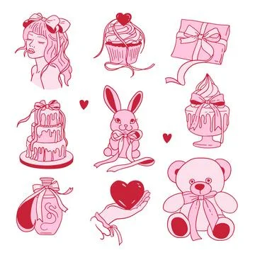 Coquette romantic elements with bows. Soft girl Trendy girly hearts, cakes, gift Illustrazione stock