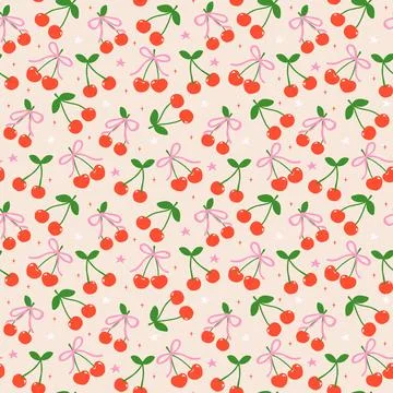 Coquette Seamless Pattern Cherries with Pink Bow Spring Flower isolated on .. Stock Illustration