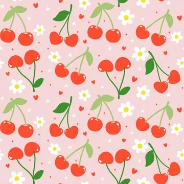 Coquette Seamless Pattern Cherries Spring Flower isolated on background Stock Illustration
