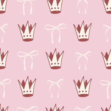 Coquette seamless pattern. Crown and ribbons marker endless background. Bow and 스톡 일러스트