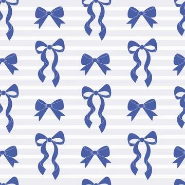Coquette seamless pattern dark blue ribbon bow on white striped background... Stock Illustration