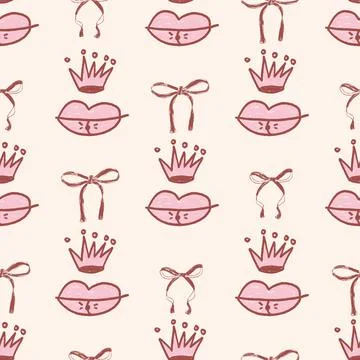 Coquette seamless pattern. Girly marker endless background. Bow, crown and lips Stock Illustration